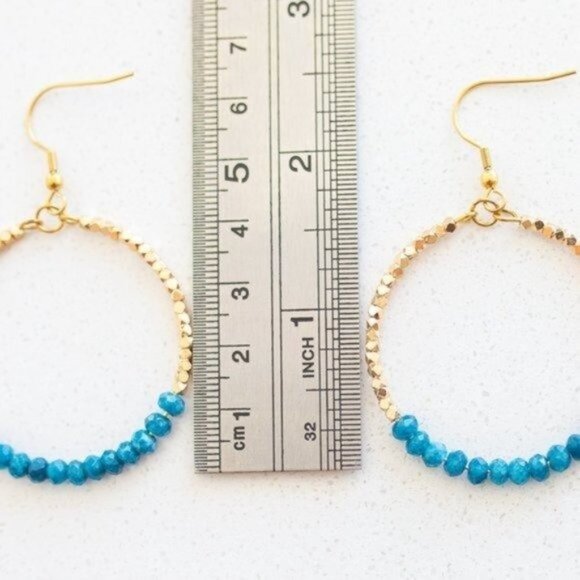 Blue Apatite Sparkly Gold Hoop Earrings Fun dangle party earrings gift for her - Picture 5 of 9